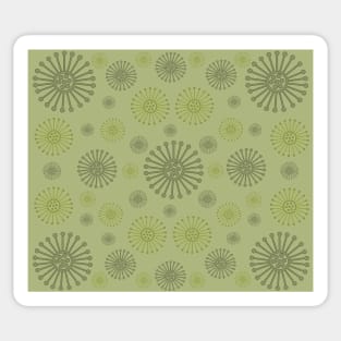 Gently on the Green. A tranquil design featuring wagon wheels in soft olive and mossy green tones. Sticker